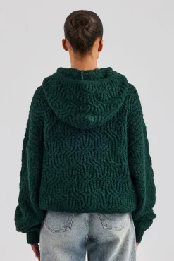 Women CLO-TOP-HS-HOOD-KTW CCC Spliced Cable Knit Hoodie - Forest Green