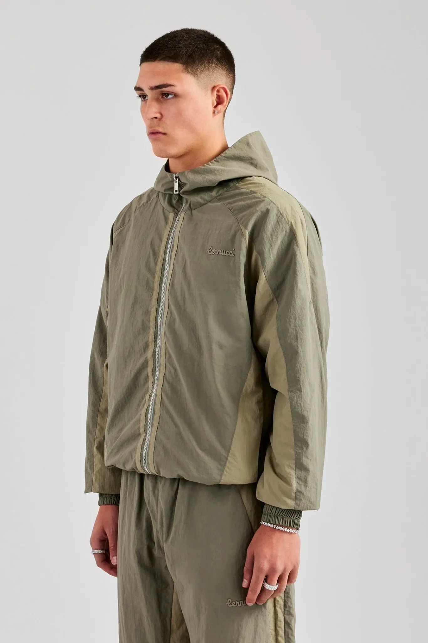 CLO-TOP-OUT Cernucci Contrast Panel Nylon Track Top - Khaki
