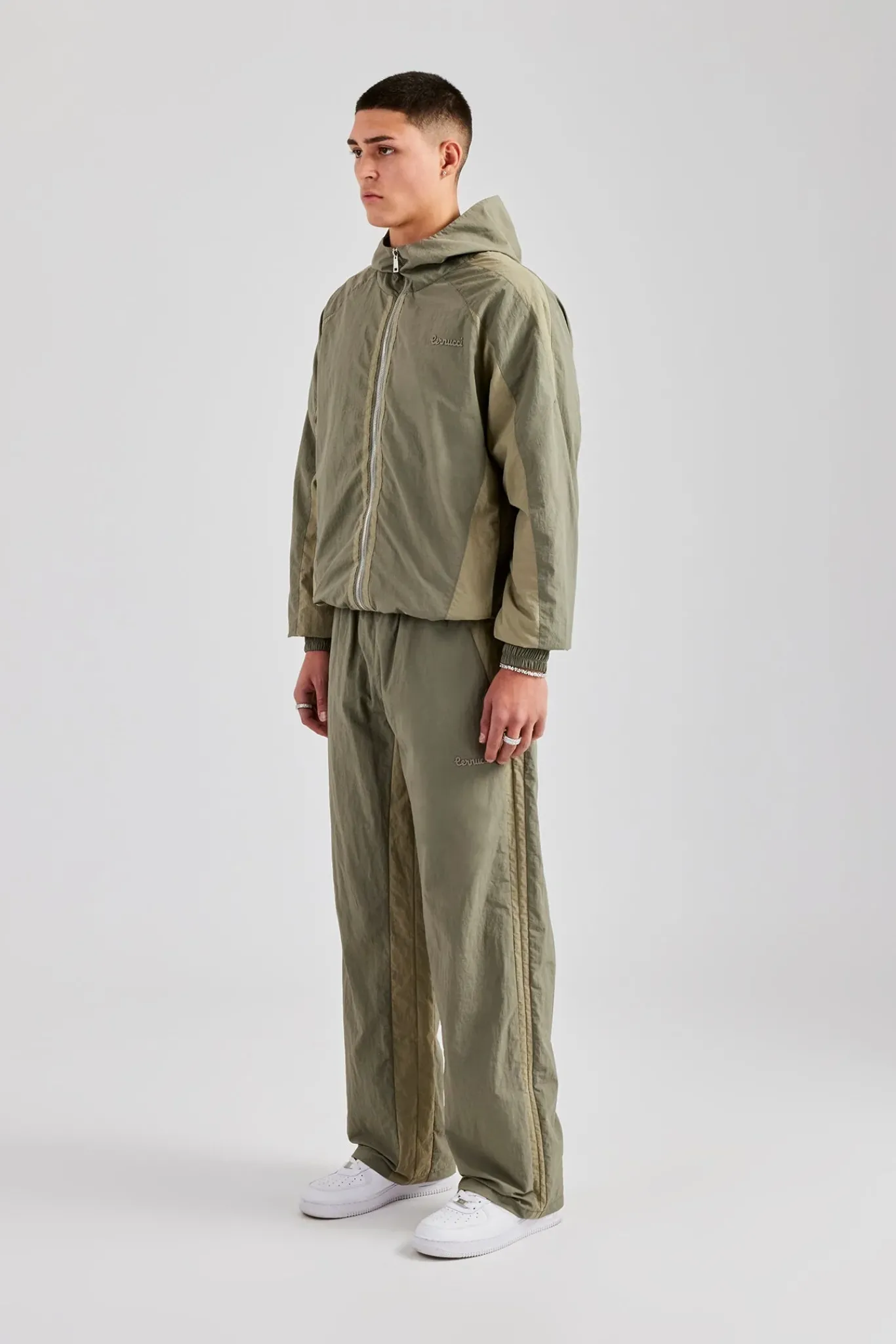 CLO-SET Cernucci Contrast Panel Nylon Tracksuit - Khaki