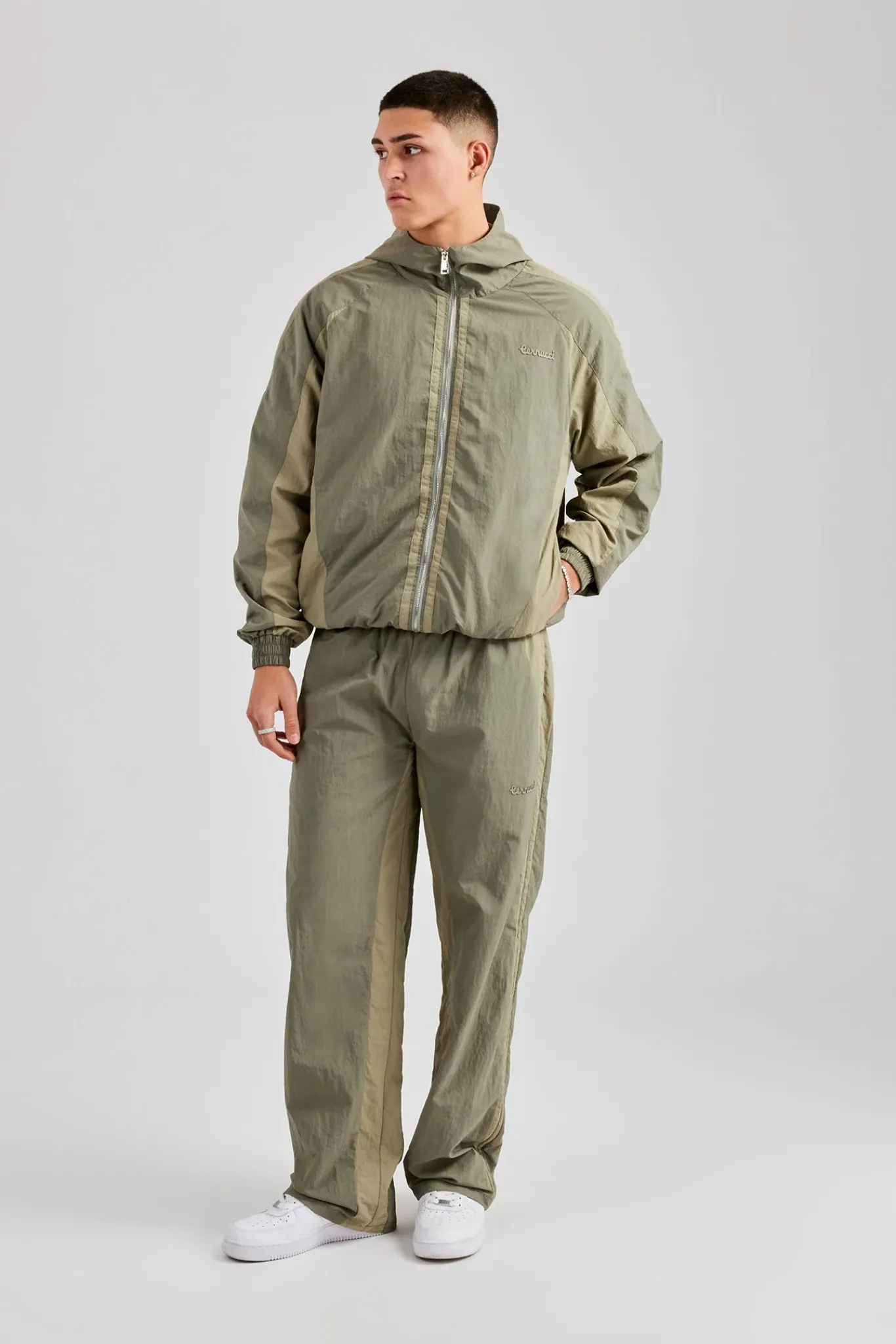 CLO-SET Cernucci Contrast Panel Nylon Tracksuit - Khaki
