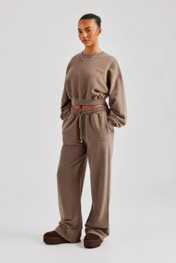 Women CLO-SET Cernucci Cropped Hoodie & Wide Leg Jogger - Taupe