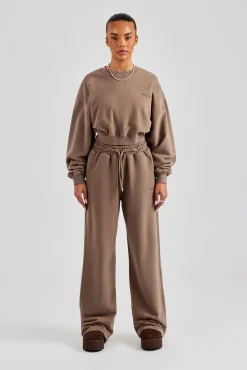 Women CLO-SET Cernucci Cropped Hoodie & Wide Leg Jogger - Taupe