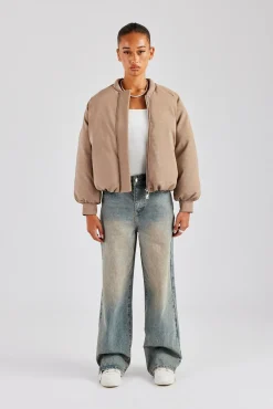 Women CLO-TOP-OUT Cernucci Cropped PU Puffer Bomber Jacket - Taupe