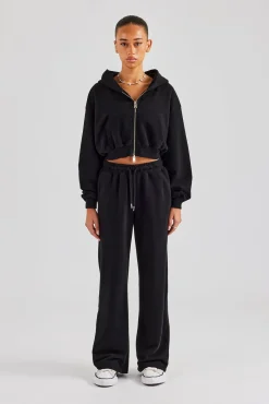 Women CLO-SET Cernucci Cropped Zip Through Hoodie & Wide Leg Jogger - Black