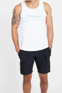 CLO-TOP-TEE Cernucci Embroidered Muscle Fit Vest - White & Blue