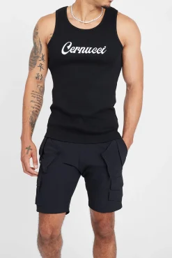 CLO-TOP-TEE Cernucci Embroidered Muscle Fit Vest - Black
