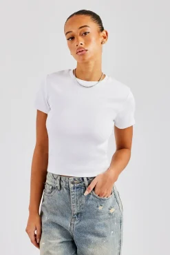 Women CLO-TOP-TEE Cernucci Embroidered Rib Baby Tee - White