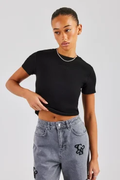 Women CLO-TOP-TEE Cernucci Embroidered Rib Baby Tee - Black
