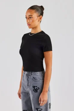 Women CLO-TOP-TEE Cernucci Embroidered Rib Baby Tee - Black