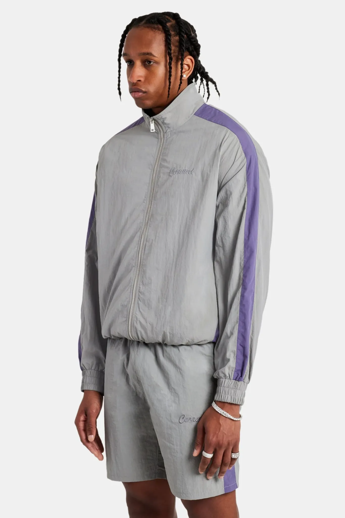 CLO-SET Cernucci Panelled Nylon Track Jacket & Short Set - Charcoal