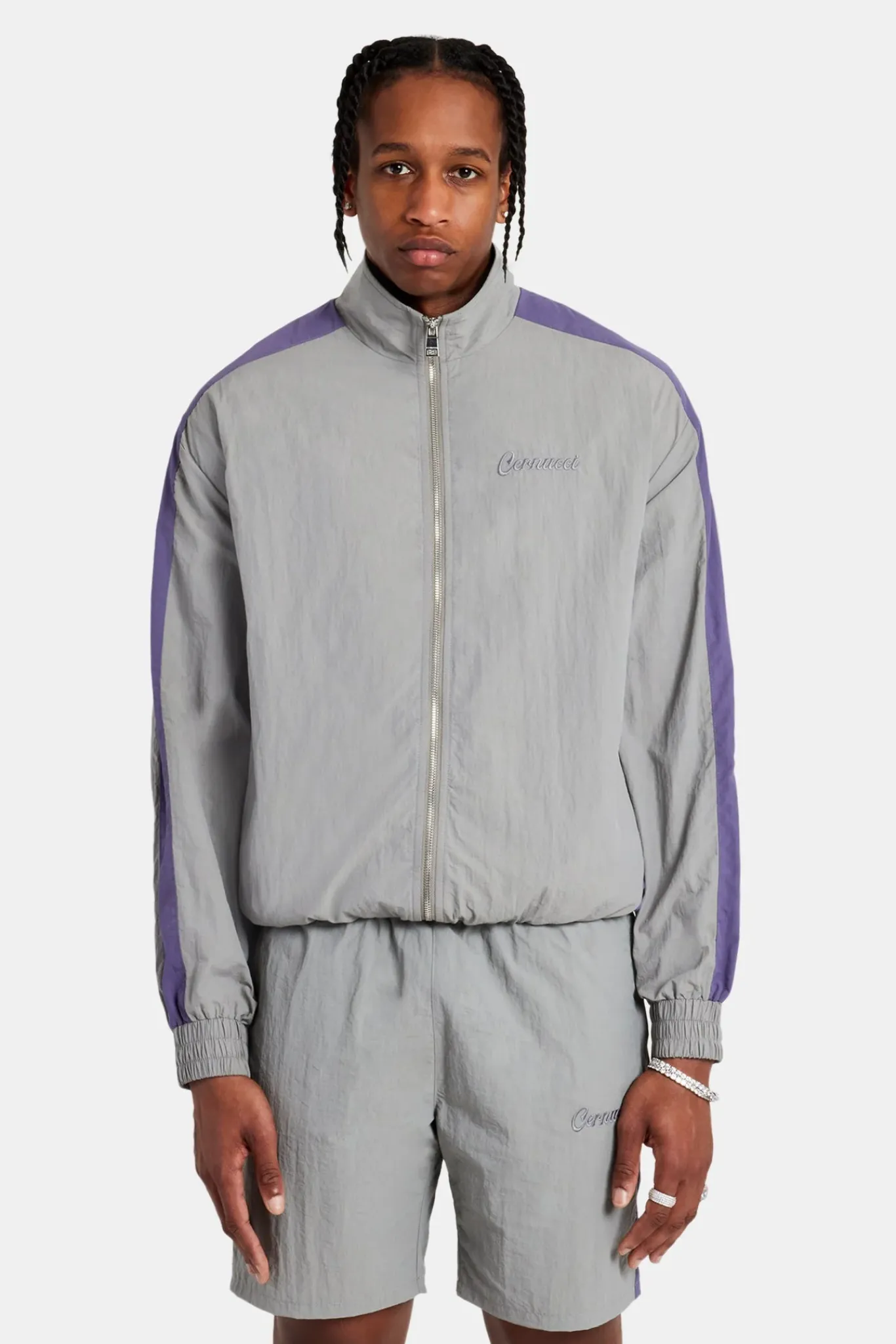 CLO-SET Cernucci Panelled Nylon Track Jacket & Short Set - Charcoal