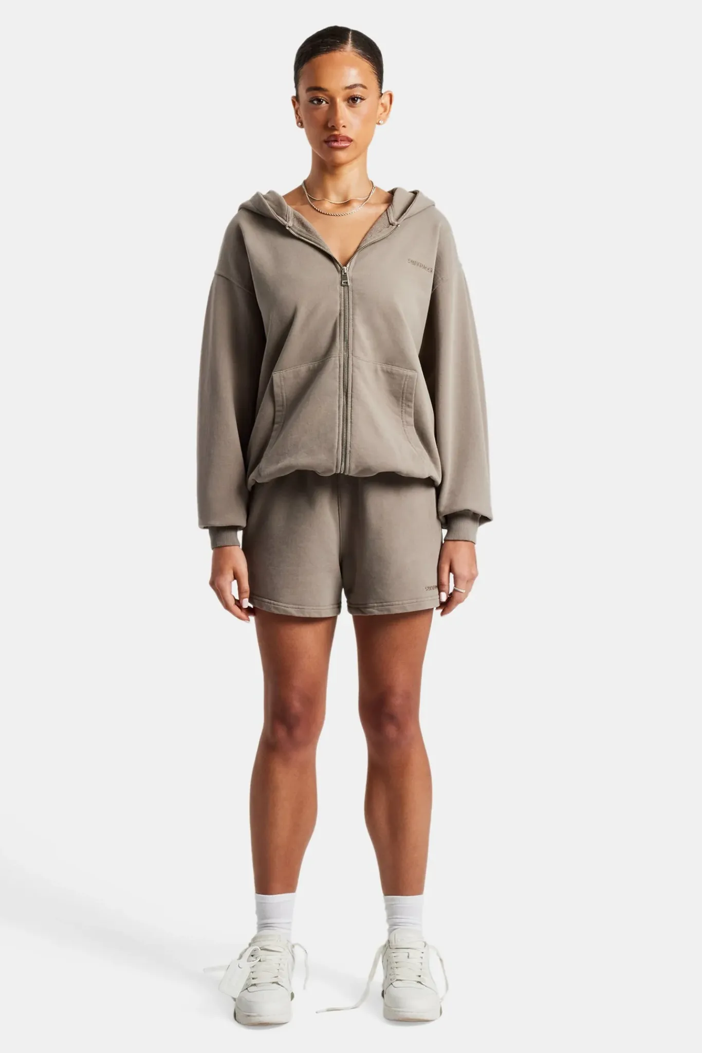 Women CLO-SET Cernucci Zip Through Hoodie & Short Set - Taupe