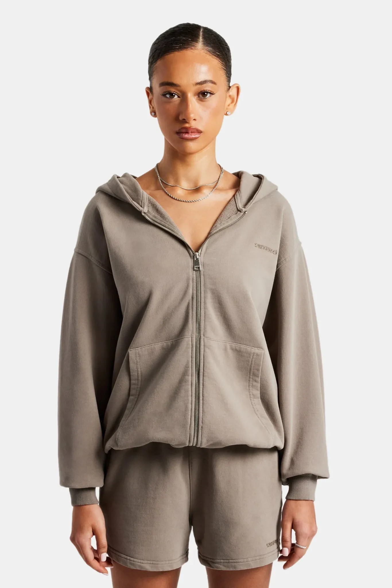 Women CLO-SET Cernucci Zip Through Hoodie & Short Set - Taupe