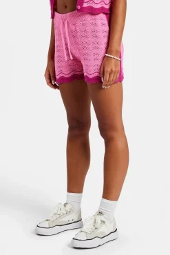 Women CLO-BOT-KTW Contrast Crochet Knitted Short - Pink