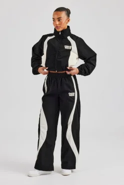 Women CLO-BOT-TRO Contrast Panel Nylon Wide Leg Trouser - Black