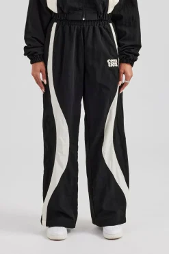 Women CLO-BOT-TRO Contrast Panel Nylon Wide Leg Trouser - Black