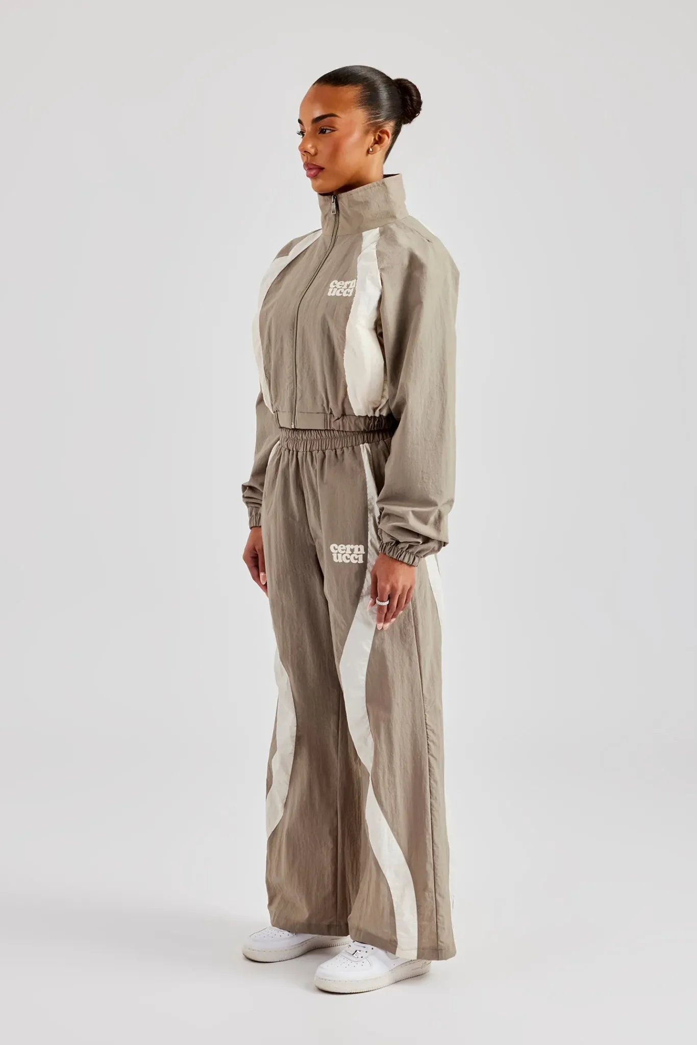 Women CLO-BOT-TRO Contrast Panel Nylon Wide Leg Trouser - Khaki