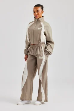 Women CLO-BOT-TRO Contrast Panel Nylon Wide Leg Trouser - Khaki