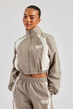 Women CLO-TOP-OUT Contrast Panel Nylon Zip Through Jacket - Khaki