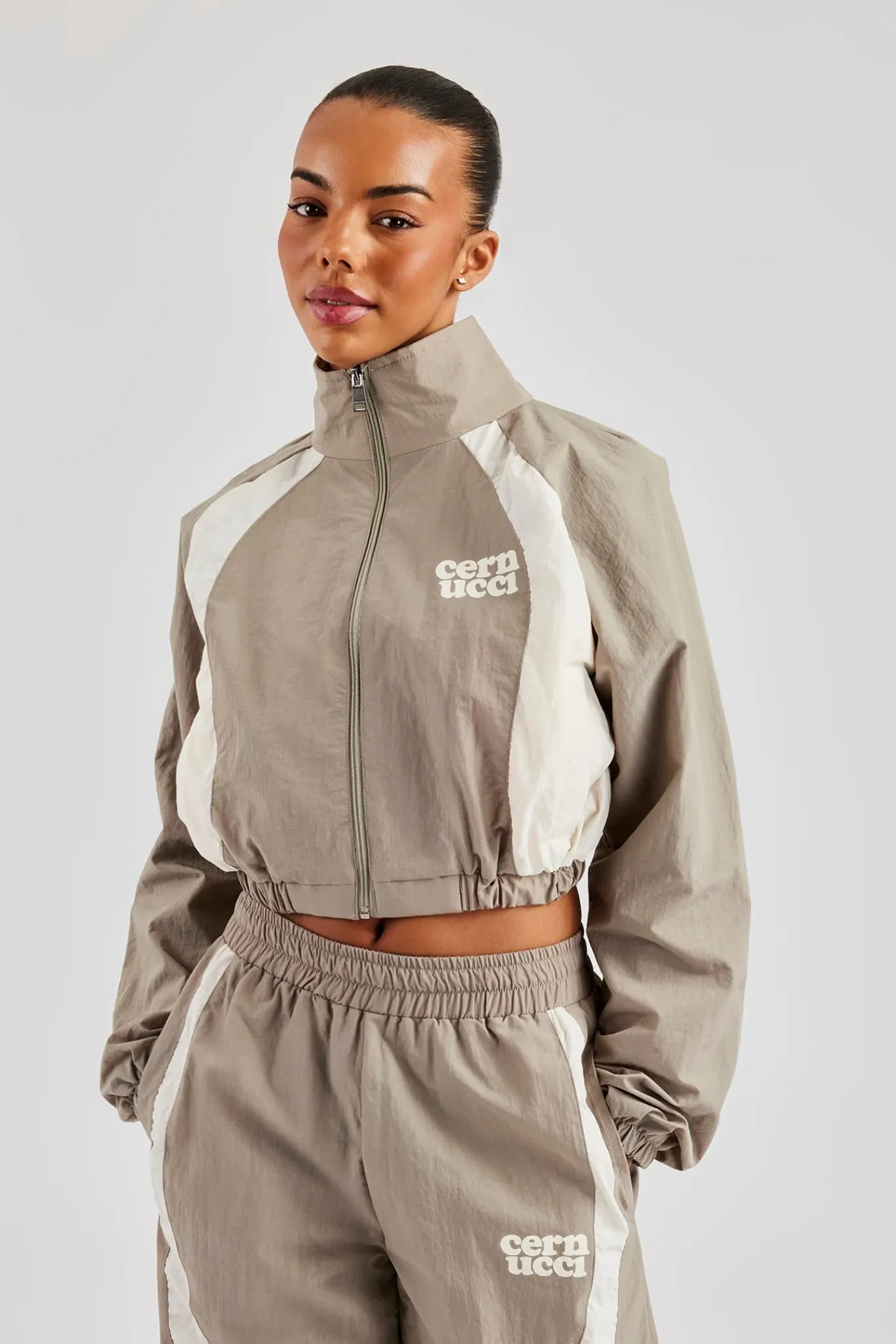 Women CLO-TOP-OUT Contrast Panel Nylon Zip Through Jacket - Khaki