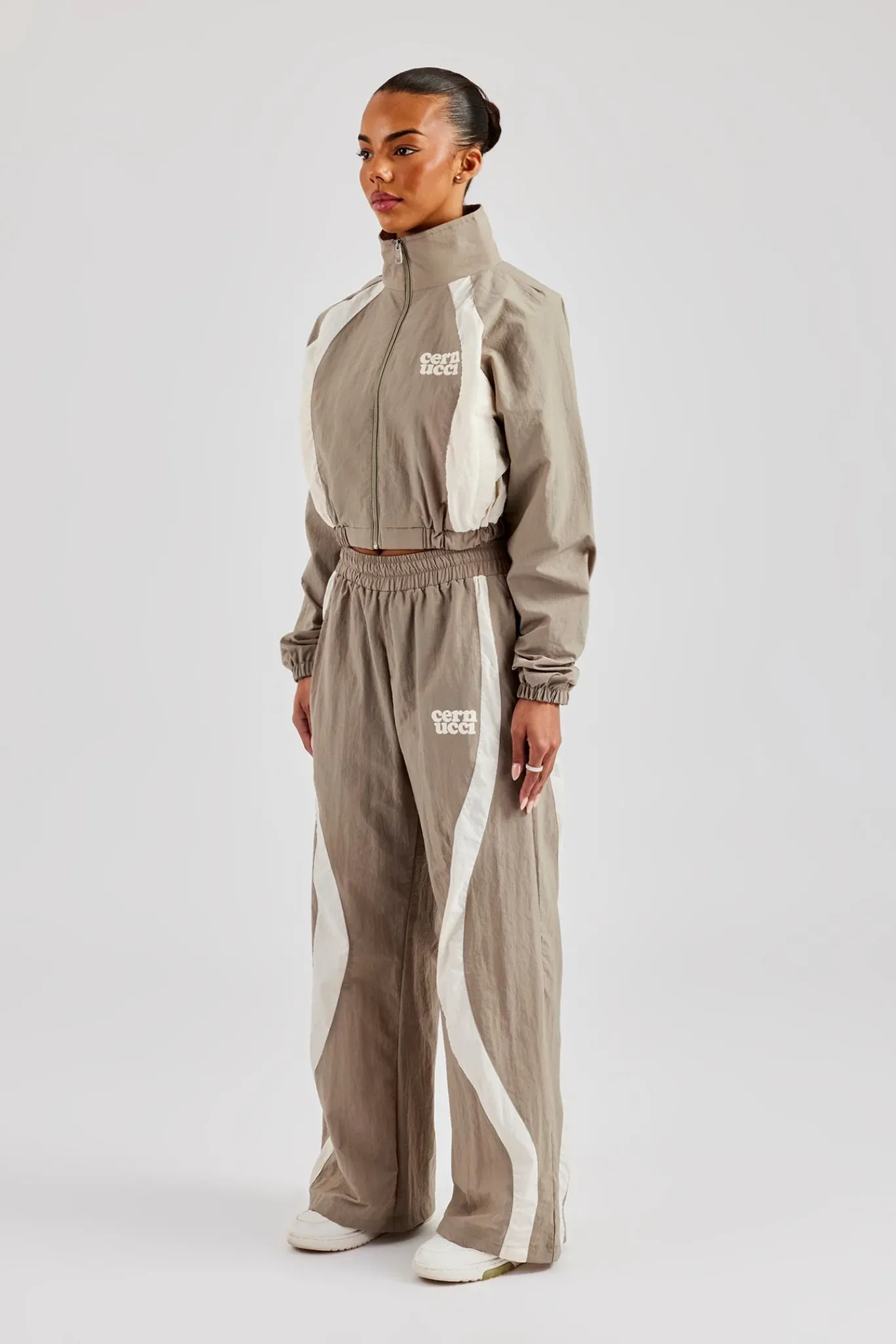 Women CLO-SET Contrast Panel Nylon Zip Through Tracksuit - Khaki