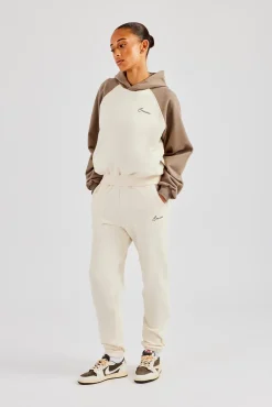 Women CLO-SET Contrast Raglan Sleeve Hoodie & Embroidered Cuffed Jogger - White