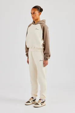 Women CLO-SET Contrast Raglan Sleeve Hoodie & Embroidered Cuffed Jogger - White