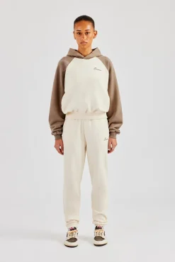 Women CLO-SET Contrast Raglan Sleeve Hoodie & Embroidered Cuffed Jogger - White