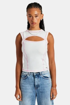 Women CLO-TOP-TEE Contrast Stitch Cut Out Top - Off White
