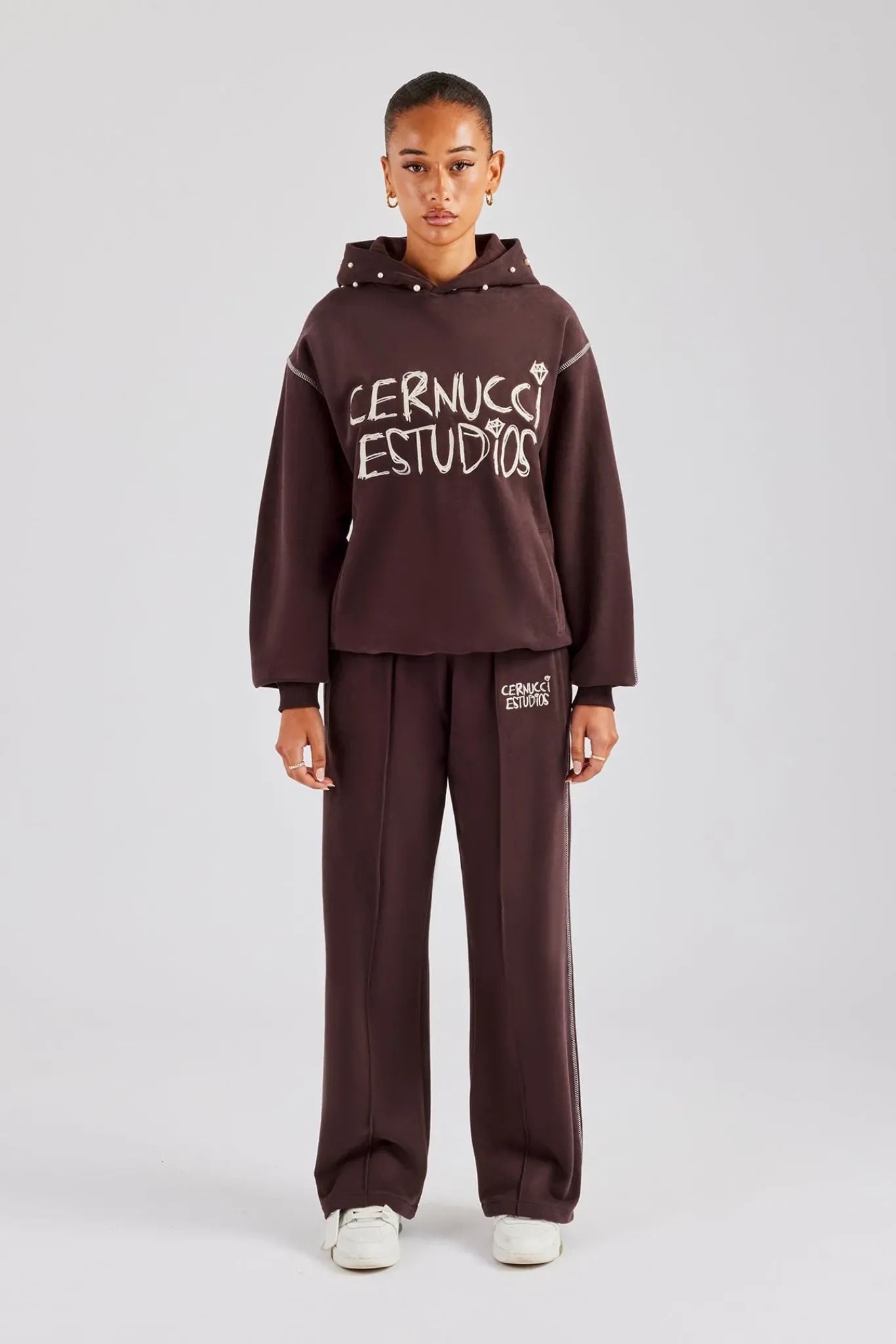 Women CLO-BOT-TRO Contrast Stitch Pearl Jogger - Chocolate