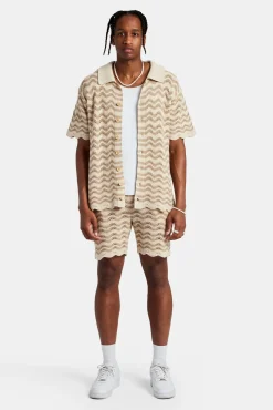 CLO-SET-KTW Crochet Knitted Embroidered Shirt & Short Set - Beige