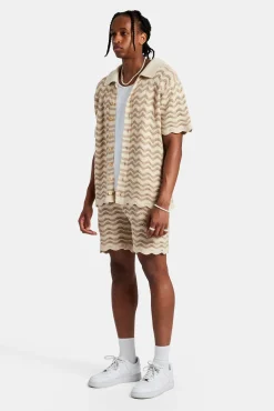 CLO-SET-KTW Crochet Knitted Embroidered Shirt & Short Set - Beige
