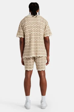 CLO-SET-KTW Crochet Knitted Embroidered Shirt & Short Set - Beige