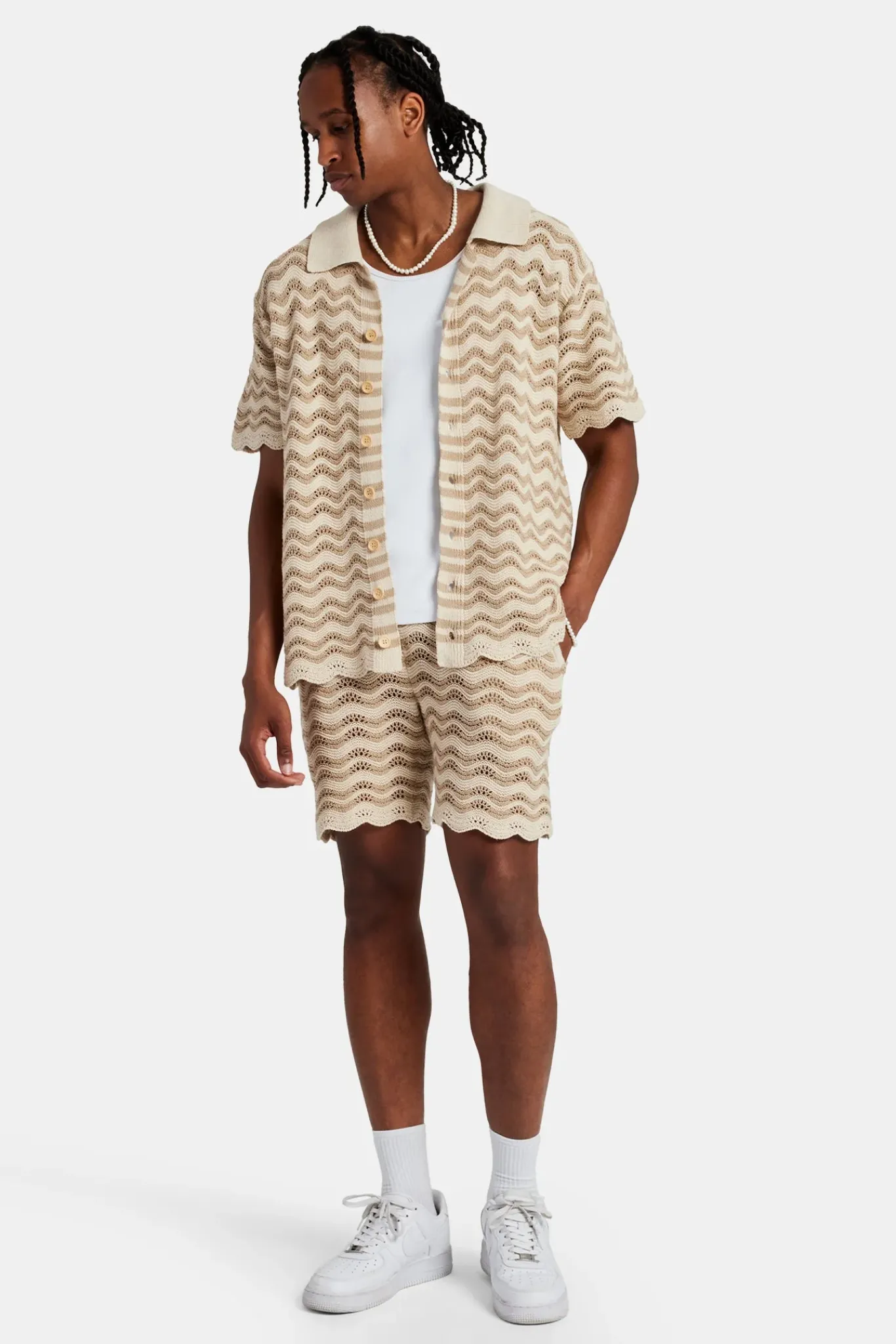 CLO-SET-KTW Crochet Knitted Embroidered Shirt & Short Set - Beige