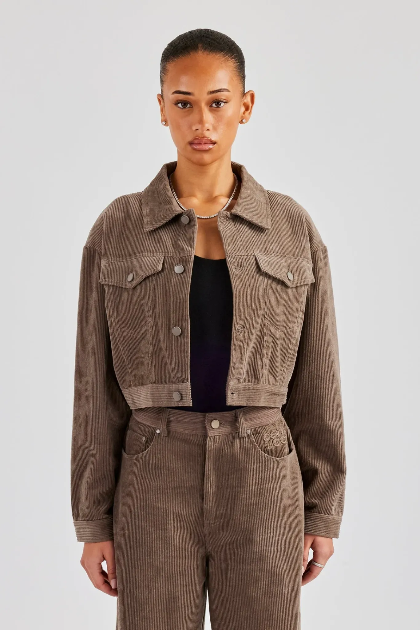 Women CLO-SET Cropped Cord Jacket & Trouser - Taupe
