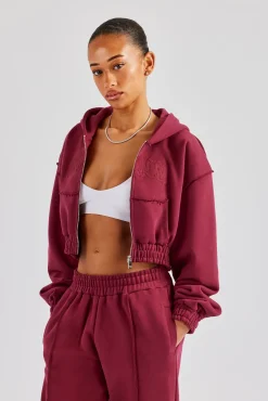 Women CLO-TOP-HS-HOOD Cropped Exposed Seam  Zip Through Hoodie - Cherry Red