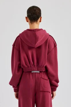 Women CLO-TOP-HS-HOOD Cropped Exposed Seam  Zip Through Hoodie - Cherry Red