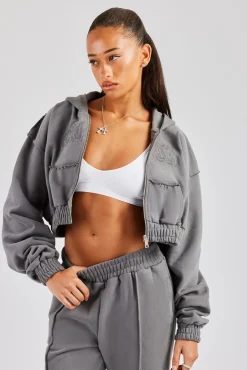 Women CLO-TOP-HS-HOOD Cropped Exposed Seam  Zip Through Hoodie - Charcoal