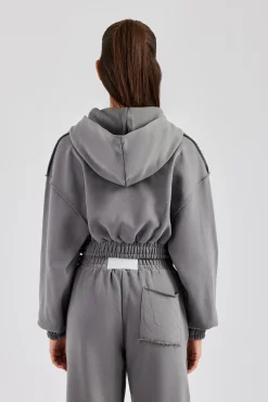 Women CLO-TOP-HS-HOOD Cropped Exposed Seam  Zip Through Hoodie - Charcoal