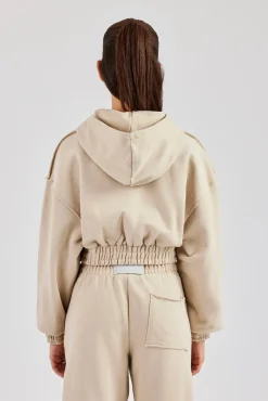 Women CLO-TOP-HS-HOOD Cropped Exposed Seam  Zip Through Hoodie - Stone