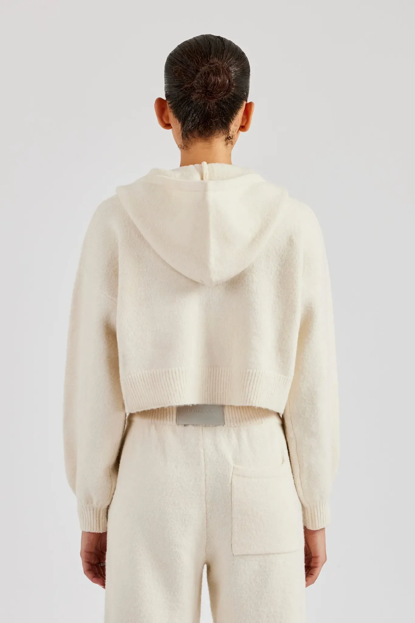 Women CLO-TOP-HS-HOOD-KTW Cropped Knitted Zip Through Hoodie - Ecru