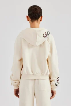 Women CLO-TOP-HS-HOOD Cropped Washed Layered Applique Zip Hoodie - Off White