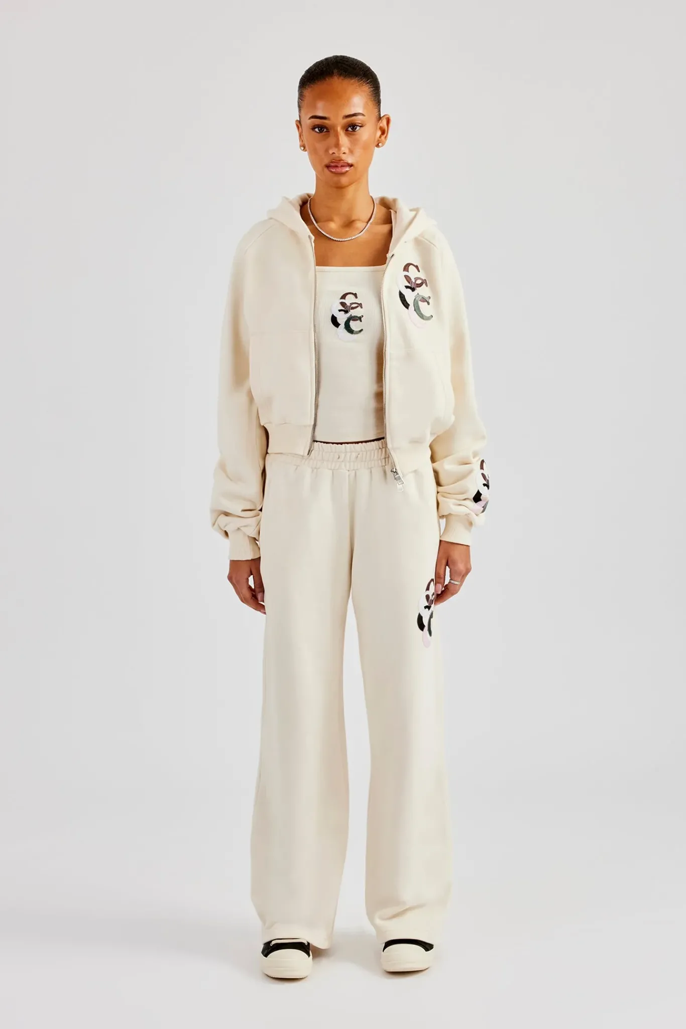Women CLO-SET Cropped Washed Layered Applique Tracksuit - Off White