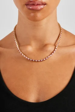Women JWL-CHN Deep Pink & Clear Heart Tennis Chain - 3mm - Gold