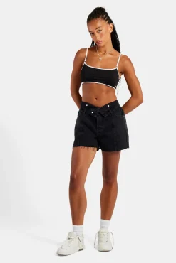 Women CLO-BOT-DEN Denim Short With Turn Down Waistband - Washed Black