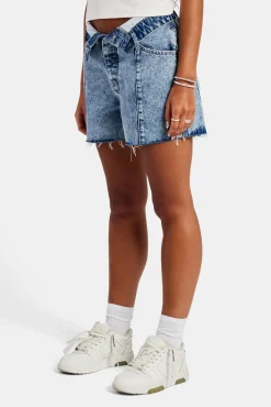 Women CLO-BOT-DEN Denim Short With Turn Down Waistband - Iced Blue
