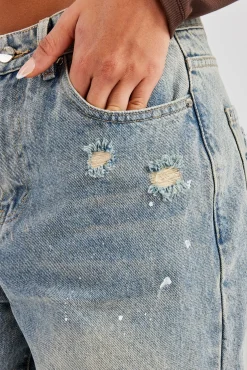 Women CLO-BOT-DEN Distressed Paint Splatter Baggy Jean - Antique Wash
