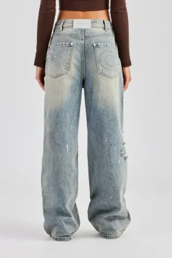 Women CLO-BOT-DEN Distressed Paint Splatter Baggy Jean - Antique Wash