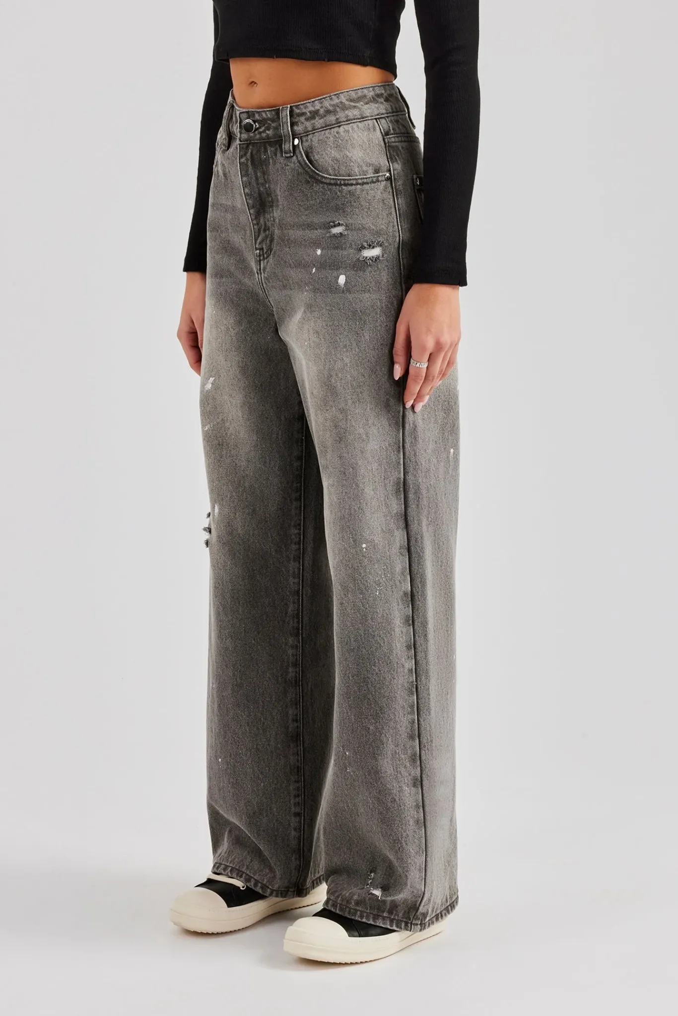 Women CLO-BOT-DEN Distressed Paint Splatter Baggy Jean - Washed Grey