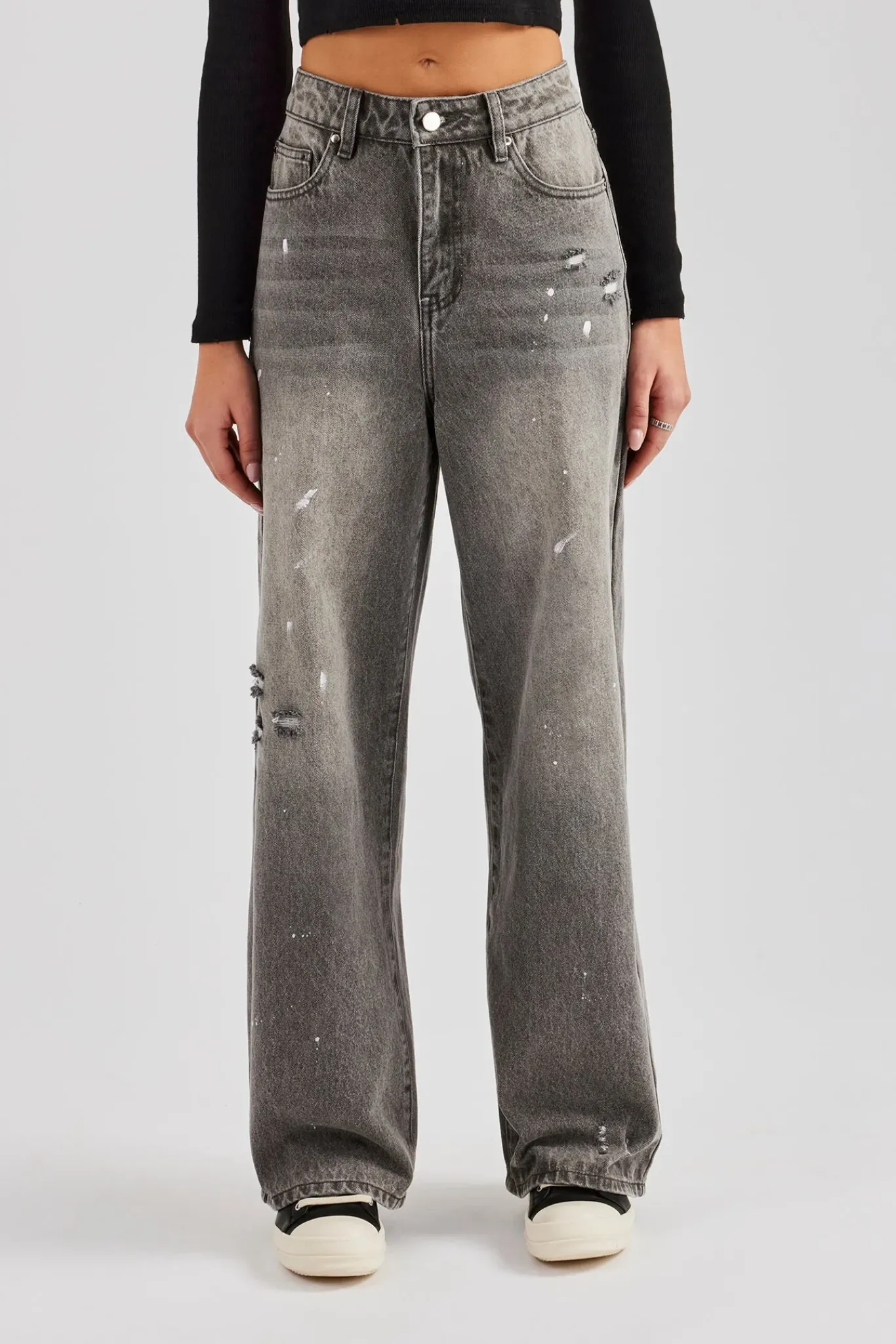 Women CLO-BOT-DEN Distressed Paint Splatter Baggy Jean - Washed Grey